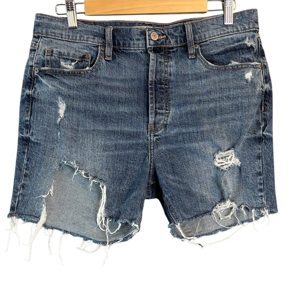 Eunina Kailey Womens High Rise Mid Thigh Distressed‎ Jean Shorts Size Large Blue
